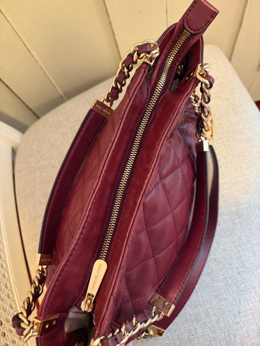 Michael Kors Quilted Shoulder Tote in Burgundy with Gold Hardware - Picture 5 of 7